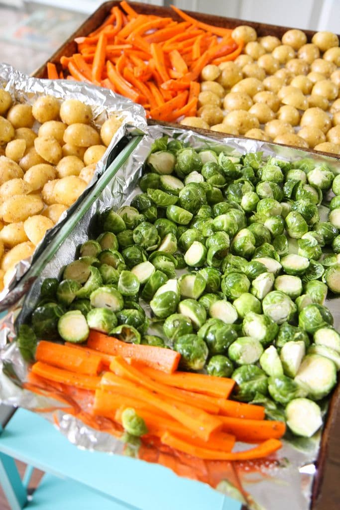 sheet pan potatoes, brussels sprouts, and carrots